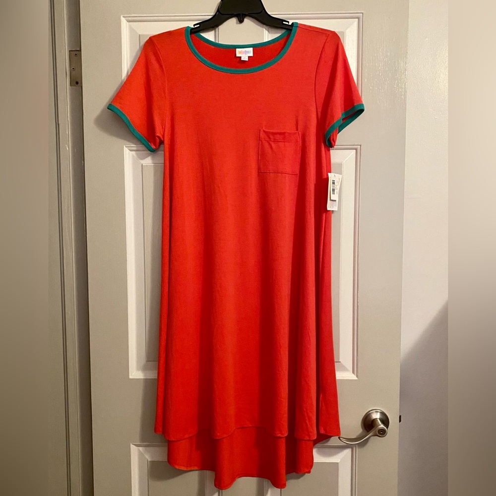 LuLaRoe Red Carly Dress with Teal Green Trim